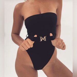 Meshki Black Strapless One-Piece Swimsuit with Gold Logo Belt